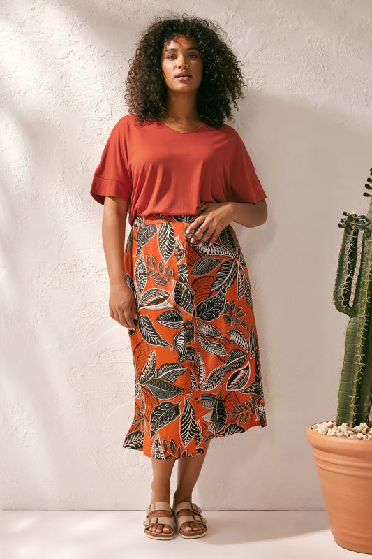 Evans EVANS Curve Rust Orange Leaf Print Linen Midi Skirt