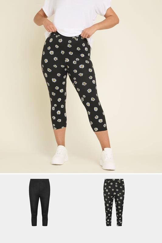 Yours YOURS 2 PACK Curve Black Daisy Print Cropped Leggings