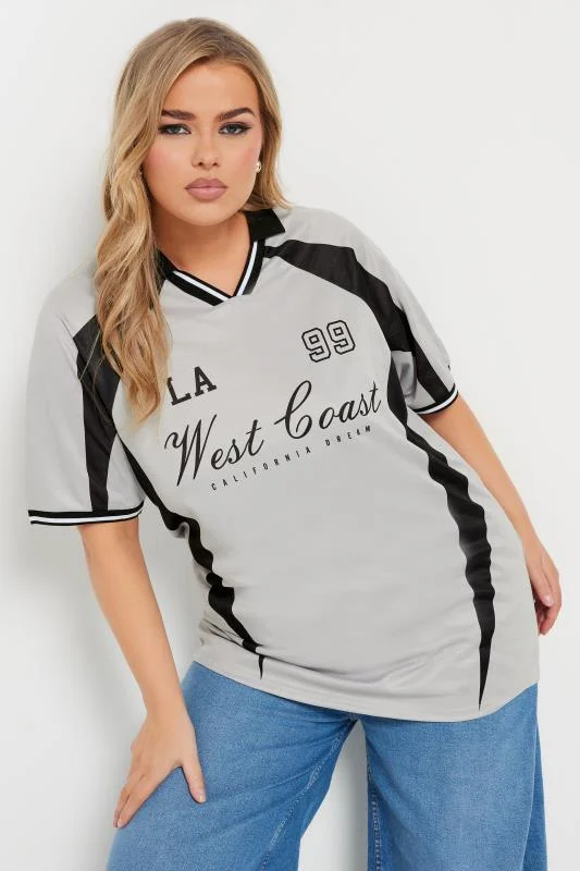 Yours YOURS Curve Grey 'West Coast' Slogan Collared Top