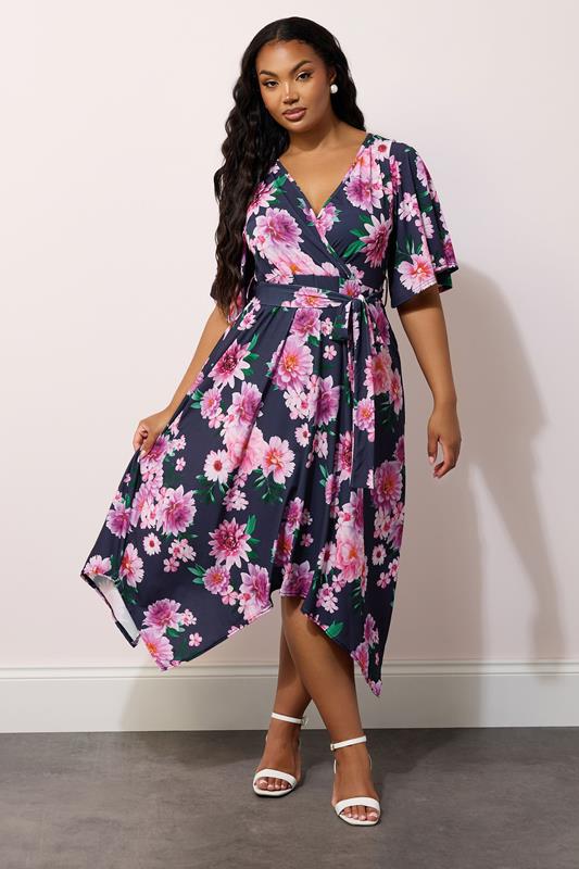 Yours London YOURS LONDON Curve Blue Floral Print Hanky Hem Wrap Dress