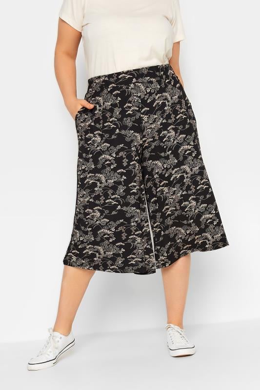 Yours YOURS Curve Black & Cream Floral Print Culottes