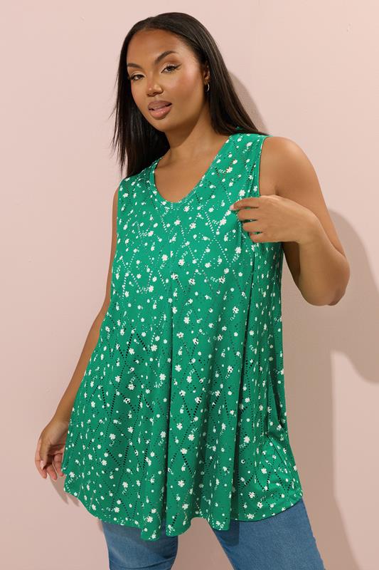 Yours YOURS Curve Green Ditsy Floral Pointelle Vest Top