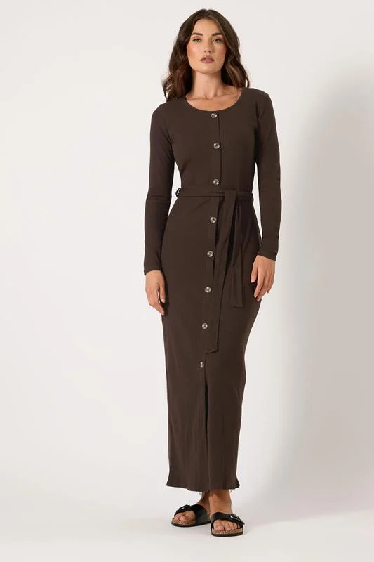 LTS LTS Tall Chocolate Brown Ribbed Button Maxi Dress