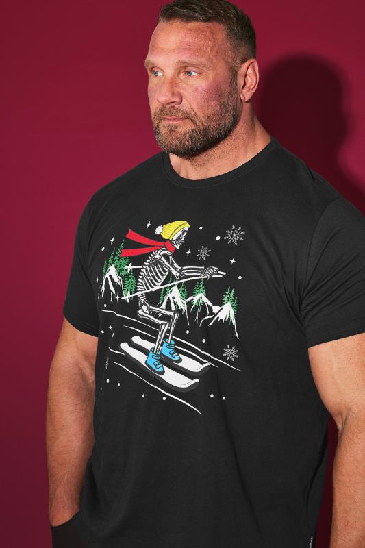 BadRhino BadRhino Big & Tall Black Skiing Skeleton Graphic Christmas T-Shirt