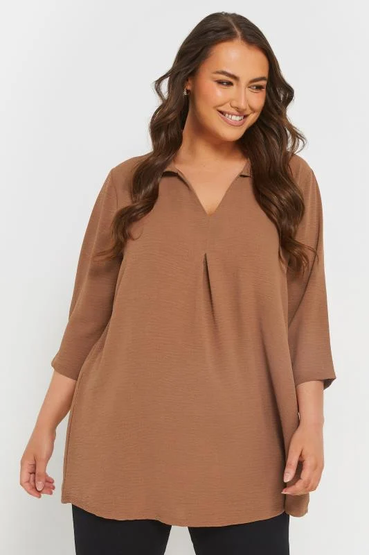Yours YOURS Curve Brown Textured Pleat Front Shirt