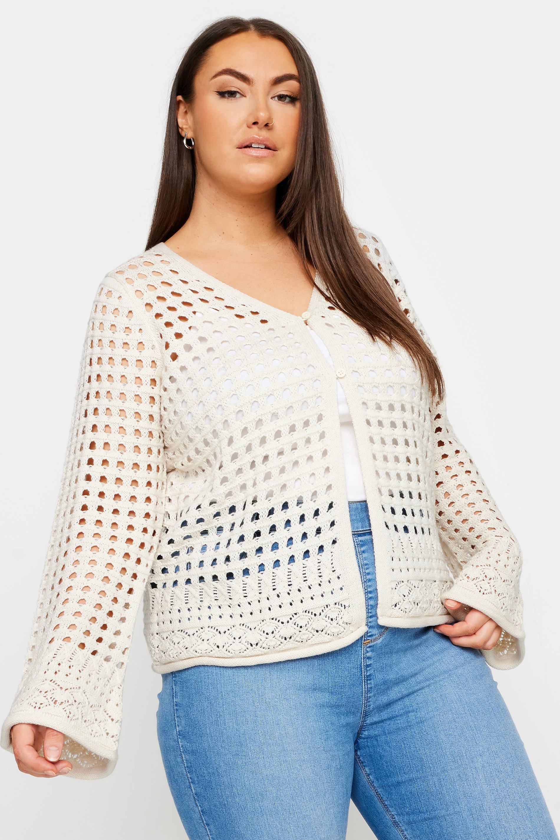 Yours YOURS Curve Ivory White Button Through Crochet Cardigan