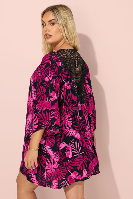 Yours YOURS Curve Pink Tropical Print Crochet Kimono