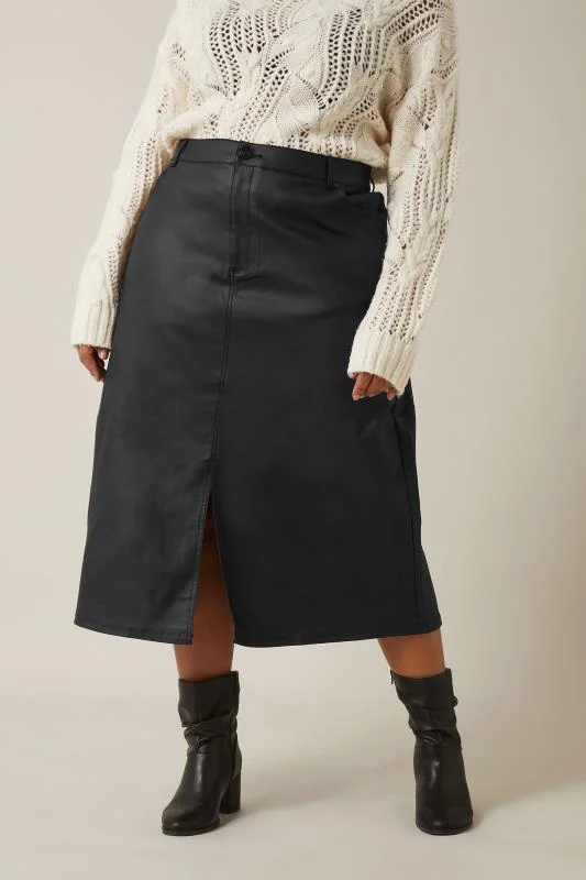 Evans EVANS Curve Black Coated Split Hem Midi Skirt