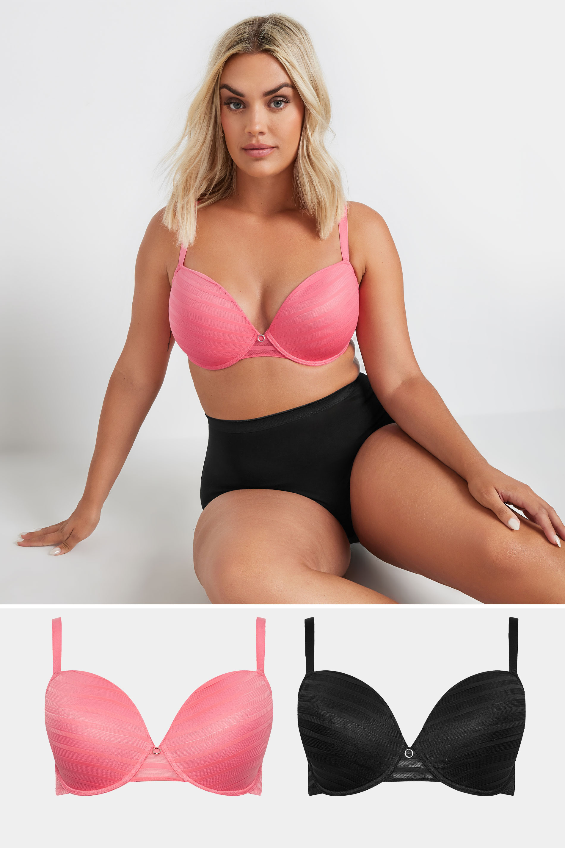 Yours YOURS Curve 2 PACK Black & Pink Padded Underwired T-Shirt Bras