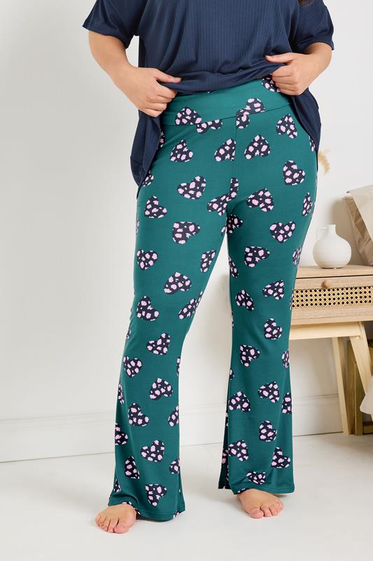Yours YOURS Curve Green Animal Heart Flare Pyjama Bottoms