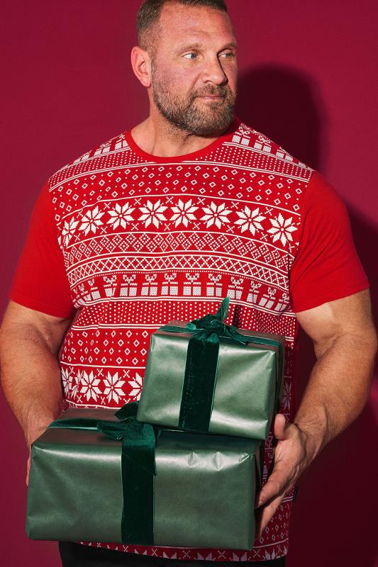 BadRhino BadRhino Big & Tall Red Fairisle Christmas Graphic T-Shirt