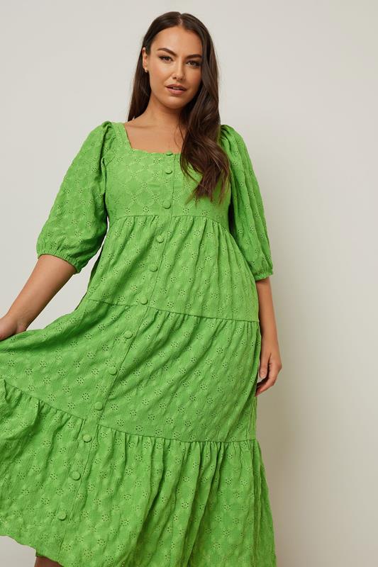 Yours YOURS Curve Green Broderie Anglaise Button Front Dress