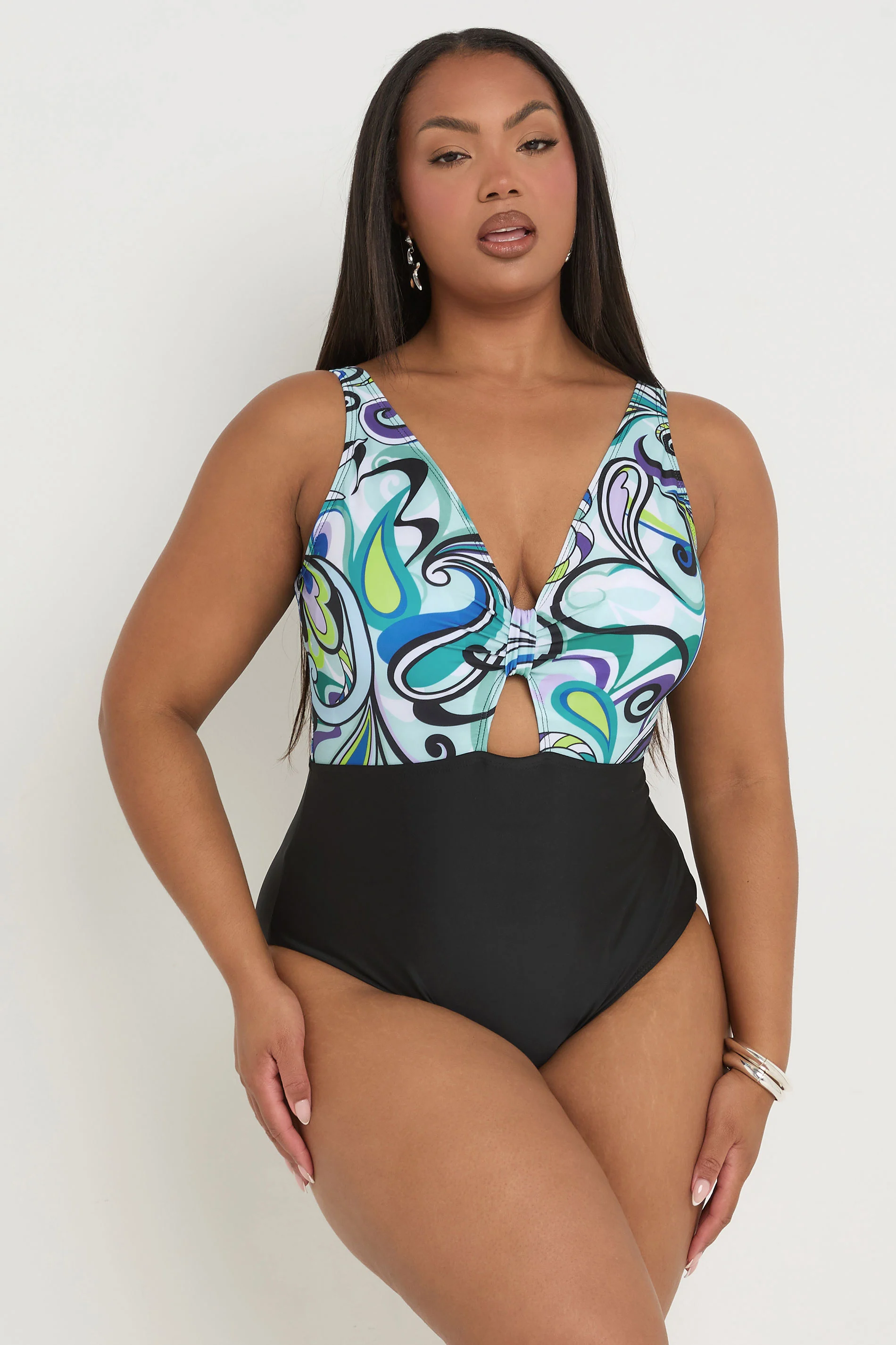Yours YOURS Curve Black Retro Swirl Print Keyhole Tummy Control Swimsuit