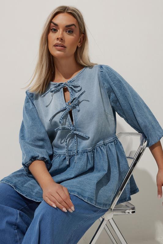 Limited Collection LIMITED COLLECTION Curve Blue Denim Bow Tie Front Peplum Top