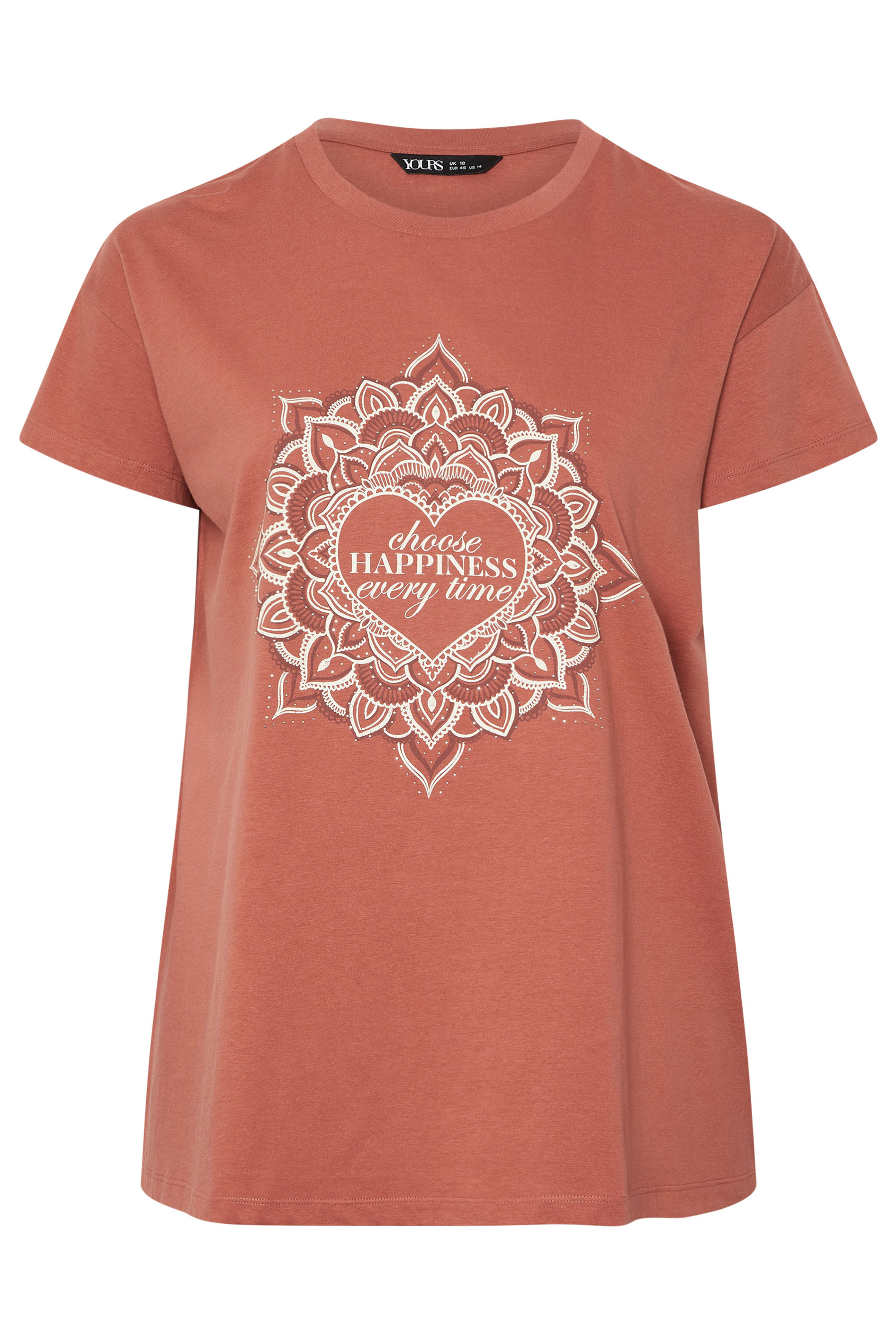 Yours YOURS Curve Rust Orange 'Choose Happiness' Mandala T-Shirt