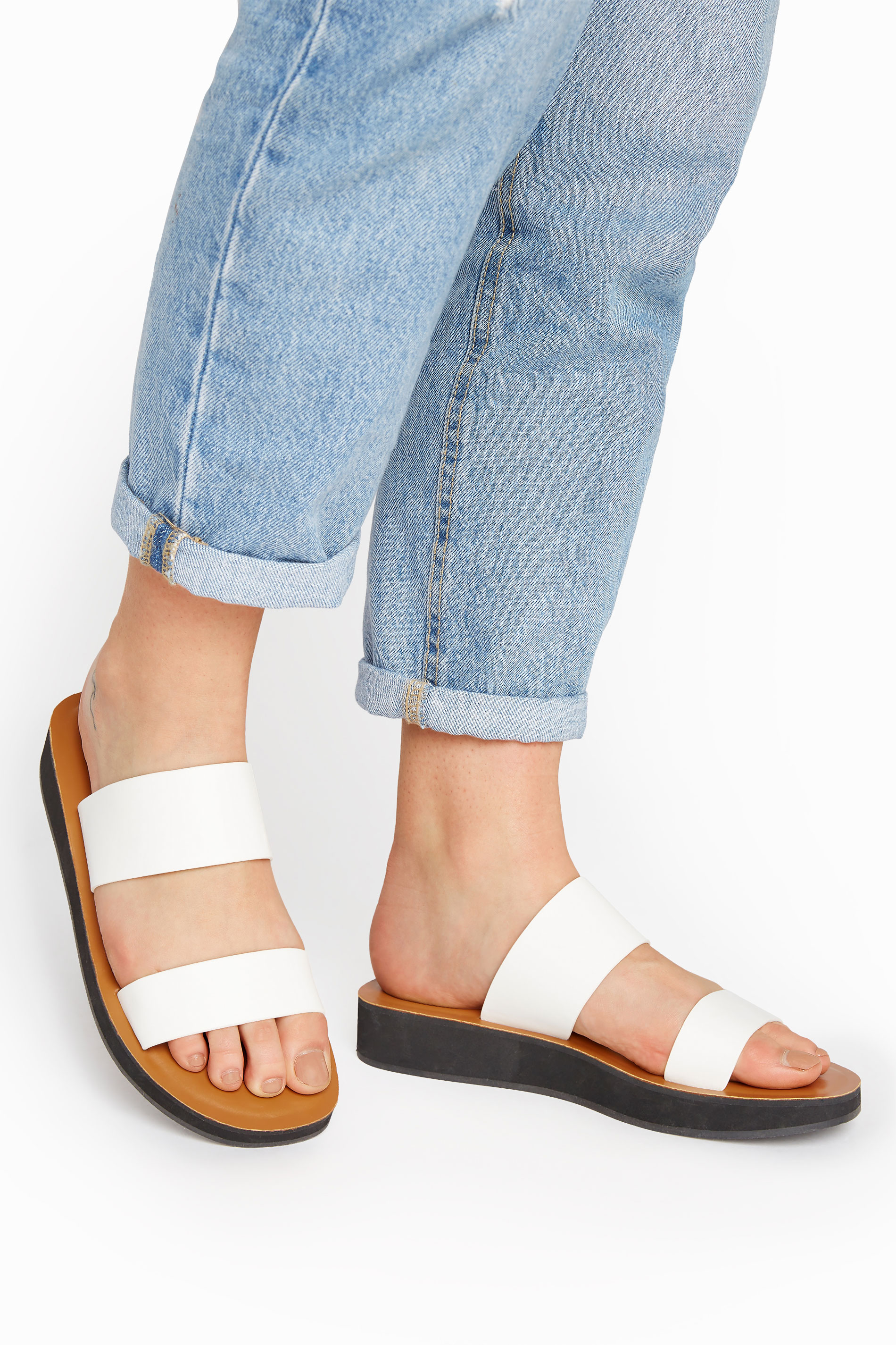 LTS LTS White Two Strap Flat Sandals In Standard Fit