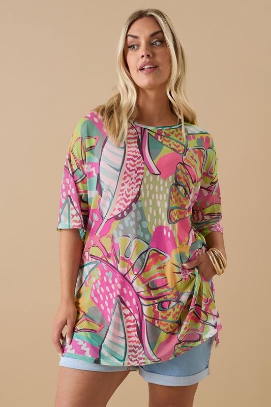 Yours YOURS Curve Yellow Floral Print Oversized Mesh Top