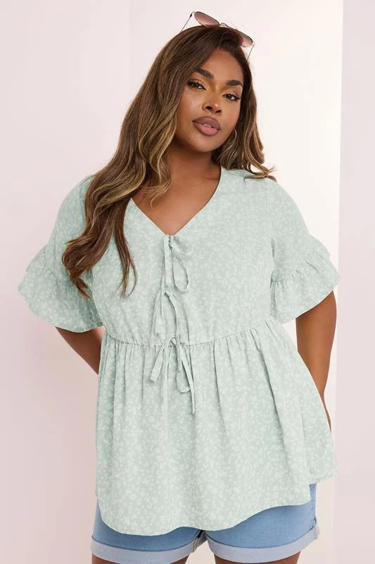 Yours YOURS Curve Sage Green Ditsy Floral Tie Front Peplum Top
