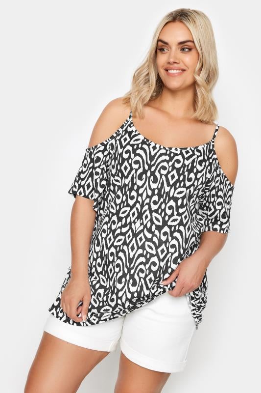 Yours YOURS Curve Black Ikat Print Cold Shoulder Top