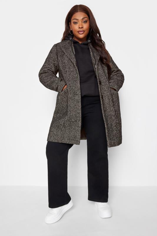Yours YOURS Curve Black Herringbone Midi Formal Coat