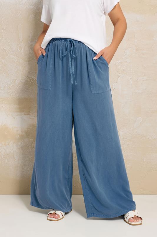 Yours YOURS Curve Blue Chambray Tie Front Wide Leg Trousers