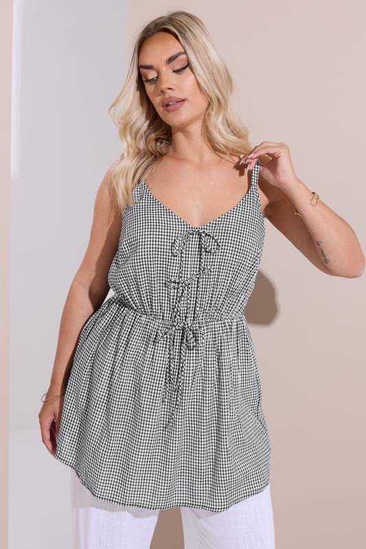 Yours YOURS Curve Black & White Gingham Tie Front Cami Top