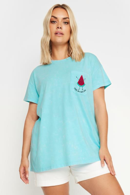 Yours YOURS Curve Blue 'One In A Melon' Embroidered T-Shirt