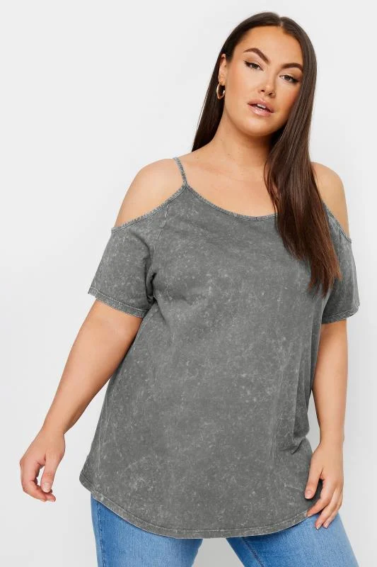 Yours YOURS Curve Grey Acid Wash Cold Shoulder Top