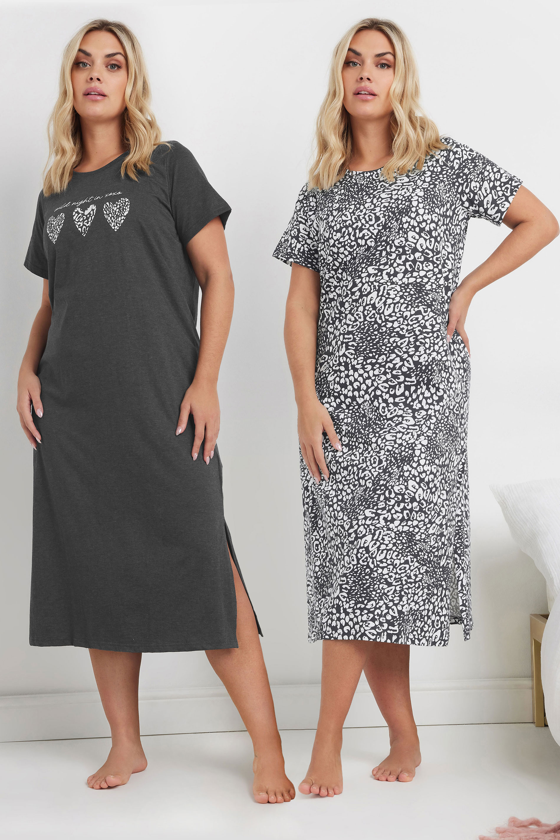 Yours YOURS Curve 2 PACK Grey 'Wild Night In' Leopard Print Midaxi Nightdresses