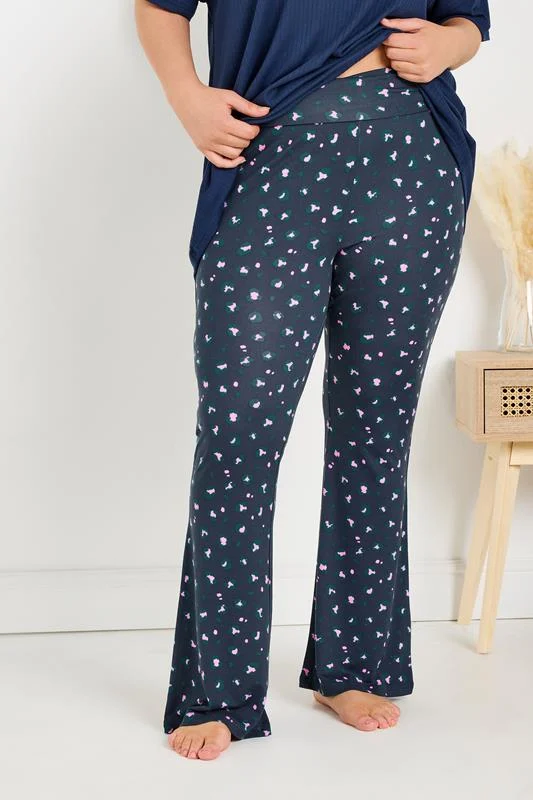 Yours YOURS Curve Navy Blue Leopard Print Flare Pyjama Bottoms