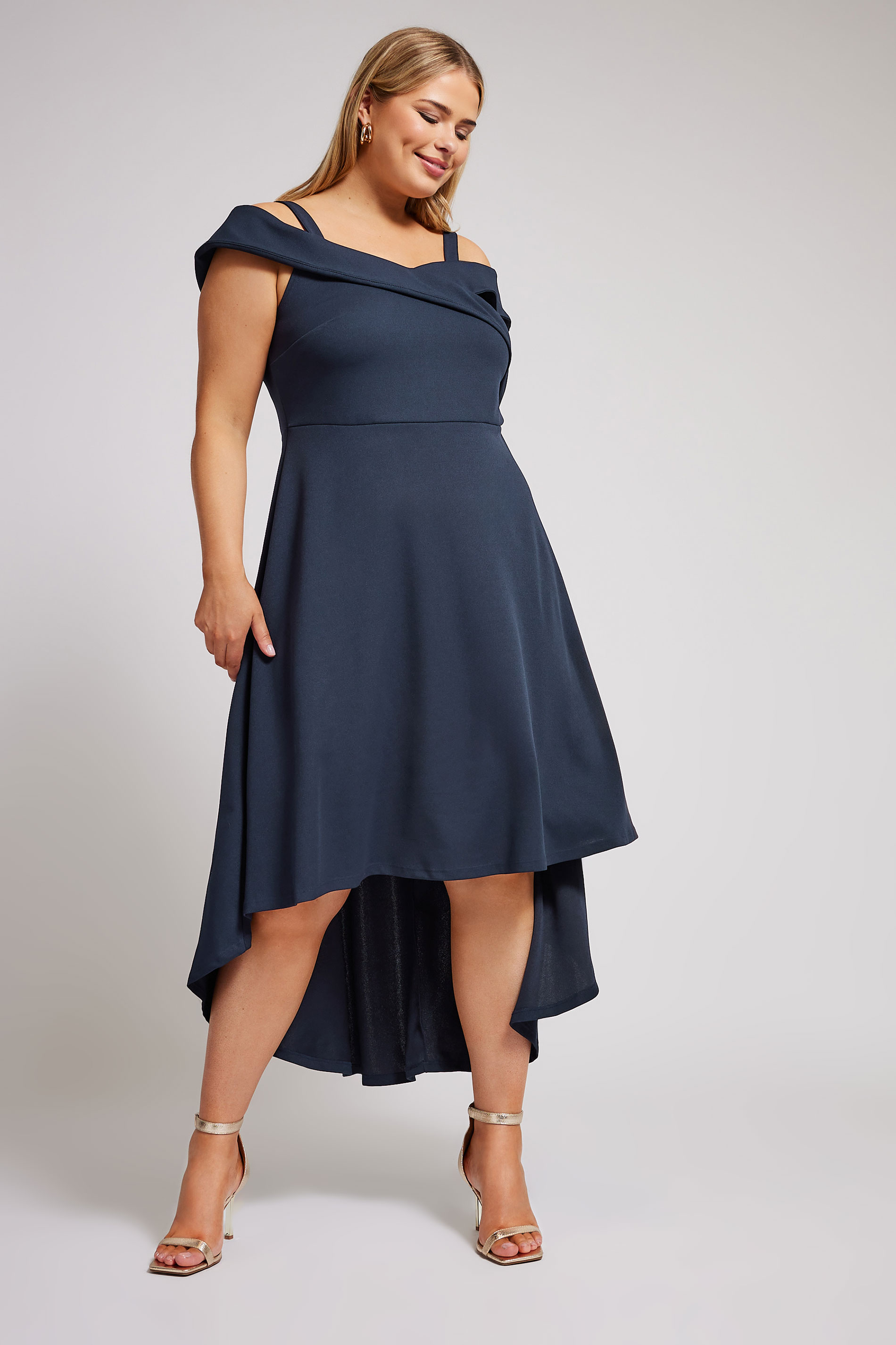 Yours London YOURS LONDON Curve Navy Blue Bardot Dipped Hem Dress