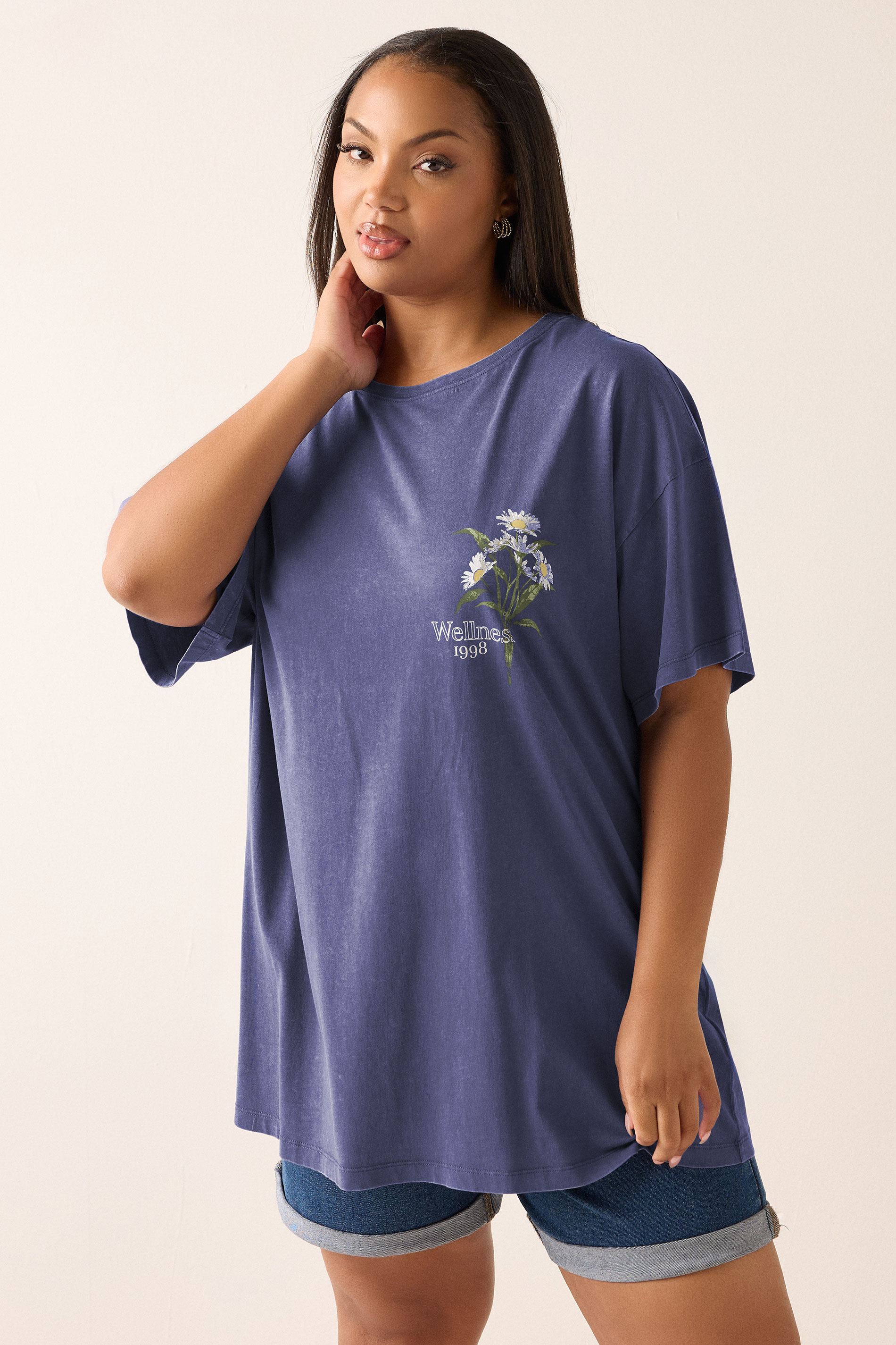 Yours YOURS Curve Blue 'Wellness' Daisy Back Print T-Shirt