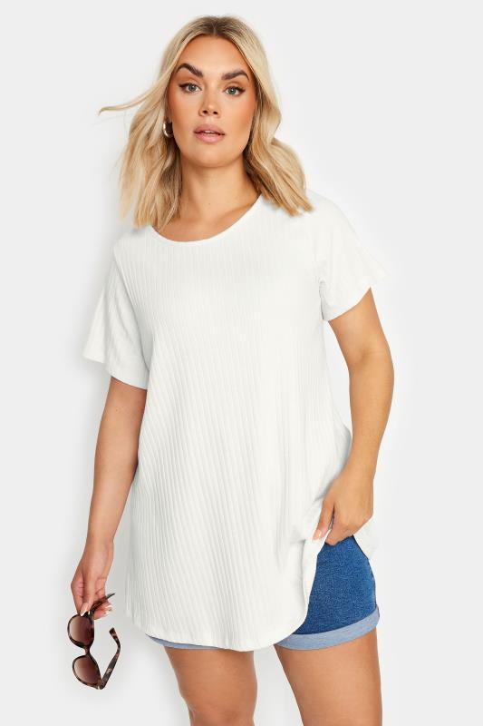 Yours YOURS Curve White Ribbed Short Sleeve Swing Top