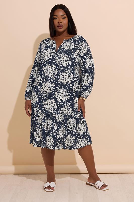 Yours YOURS Curve Navy Blue Floral Tie Neck Tiered Midi Dress