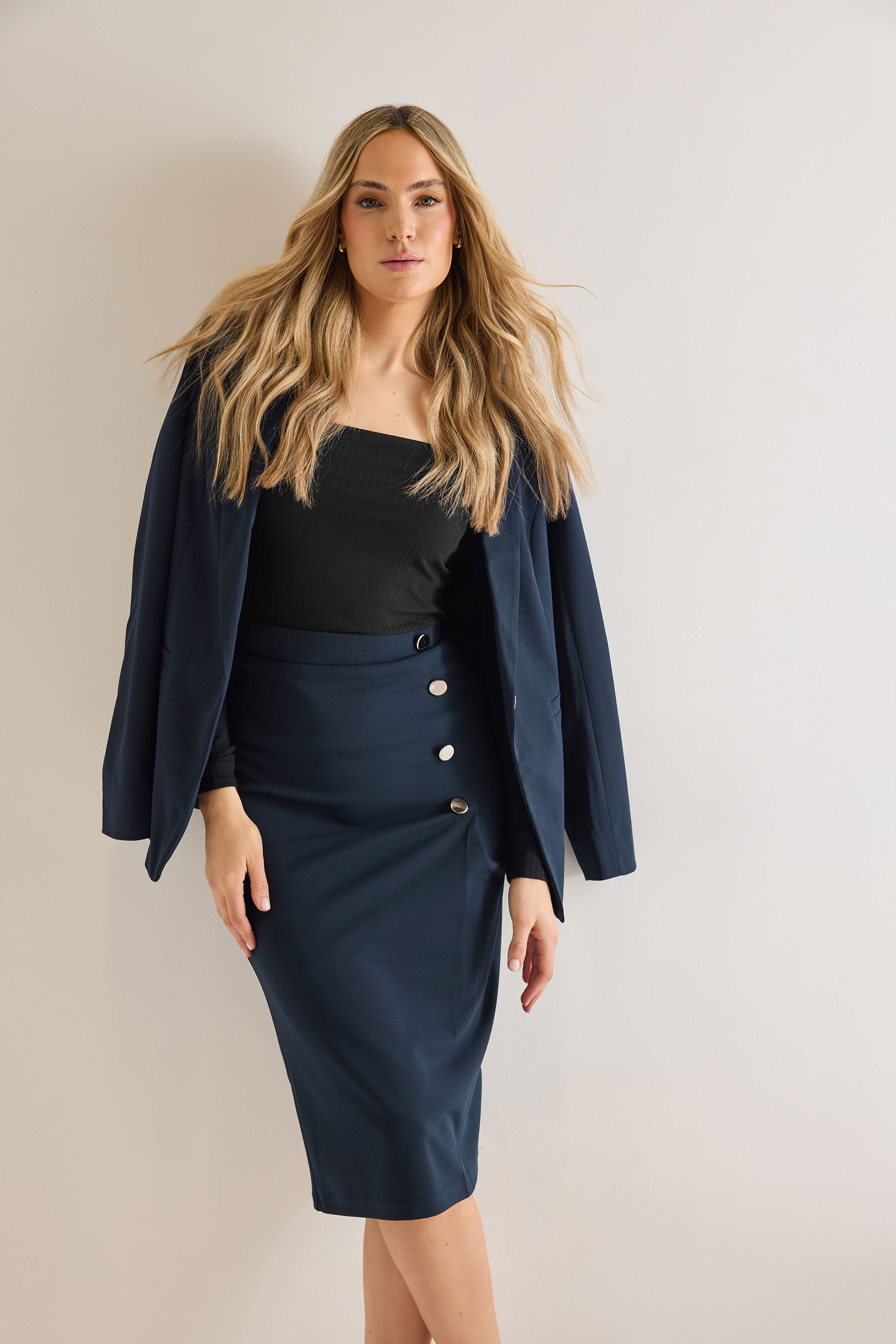LTS LTS Tall Navy Blue Tailored Button Midi Skirt