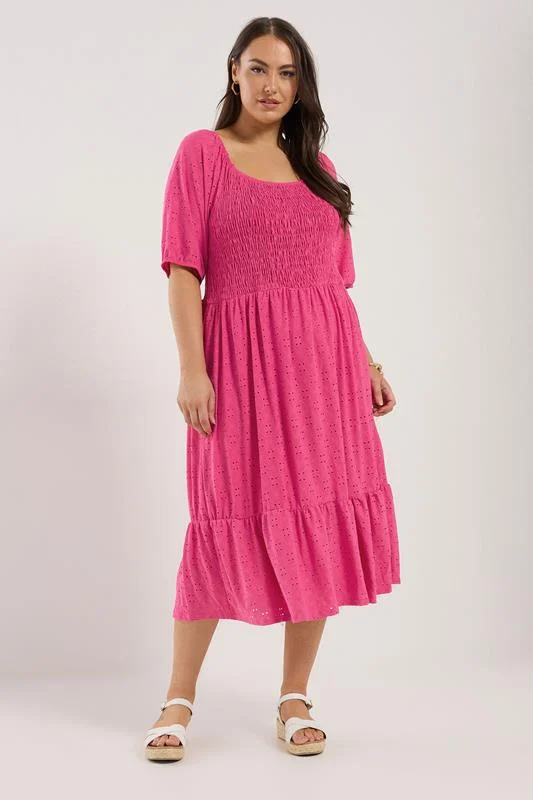 Yours YOURS Curve Pink Shirred Broderie Anglaise Midaxi Dress