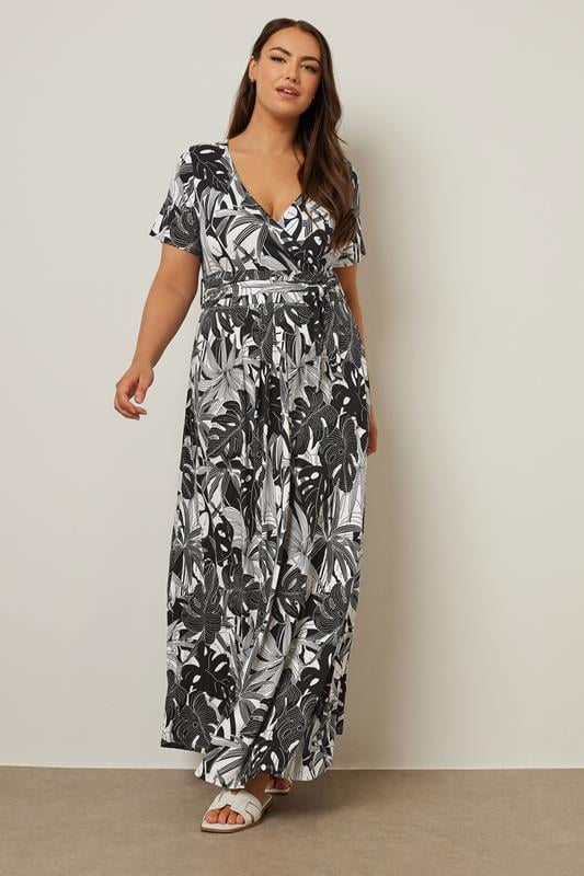 Yours YOURS Curve Black & White Floral Leaf Print Front Tie Maxi Dress