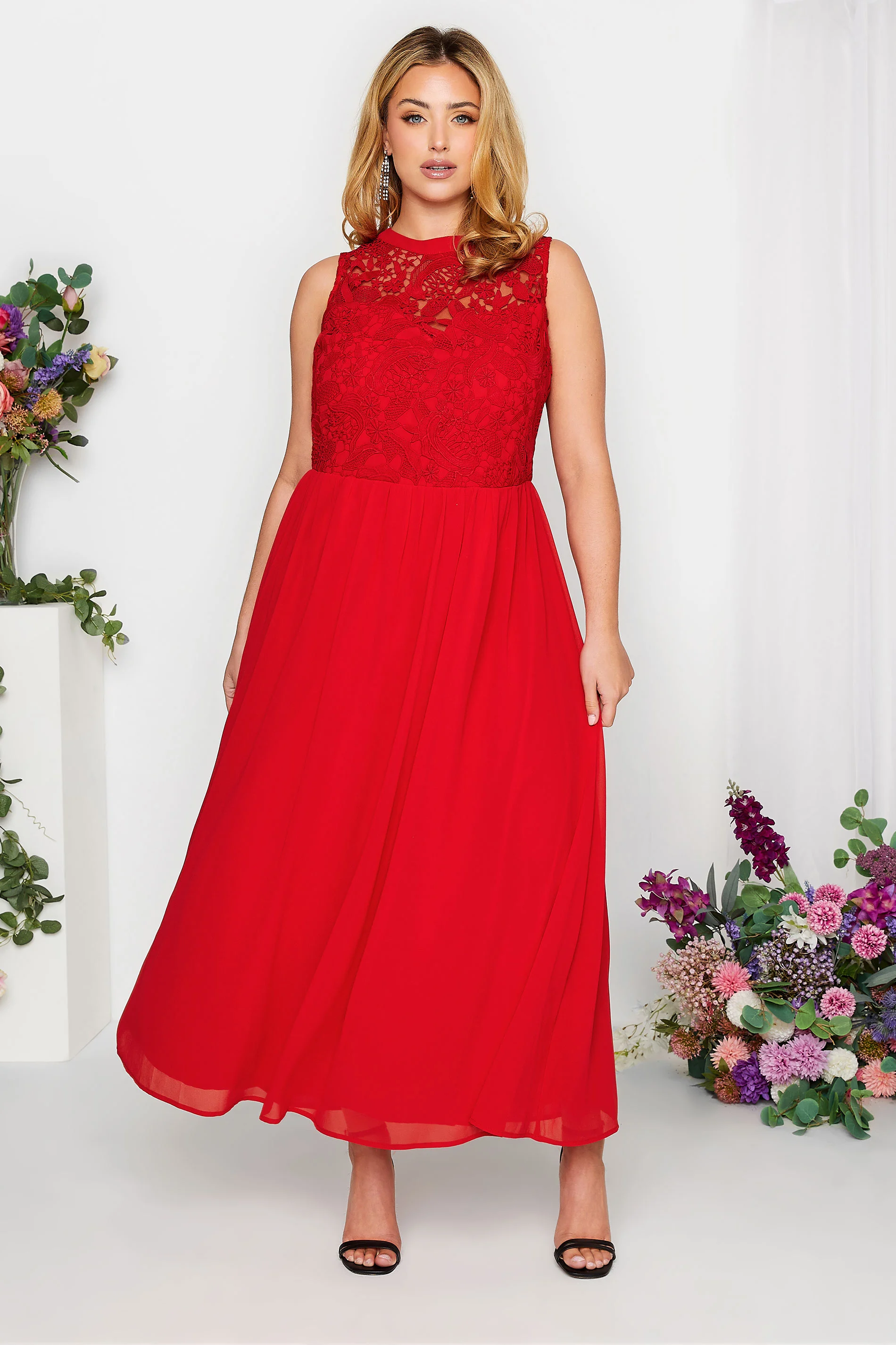 Yours London YOURS LONDON Curve Red Lace Front Chiffon Maxi Dress