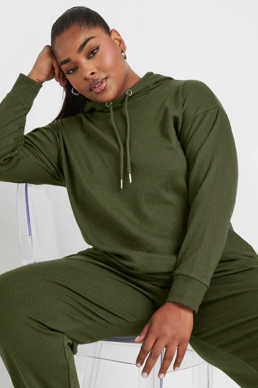Yours YOURS Curve Khaki Green Ribbed Hoodie