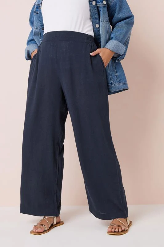 Yours YOURS Curve Navy Blue Linen Wide Leg Trousers