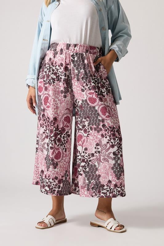 Yours YOURS Curve Pink Paisley Print Textured Cropped Trousers