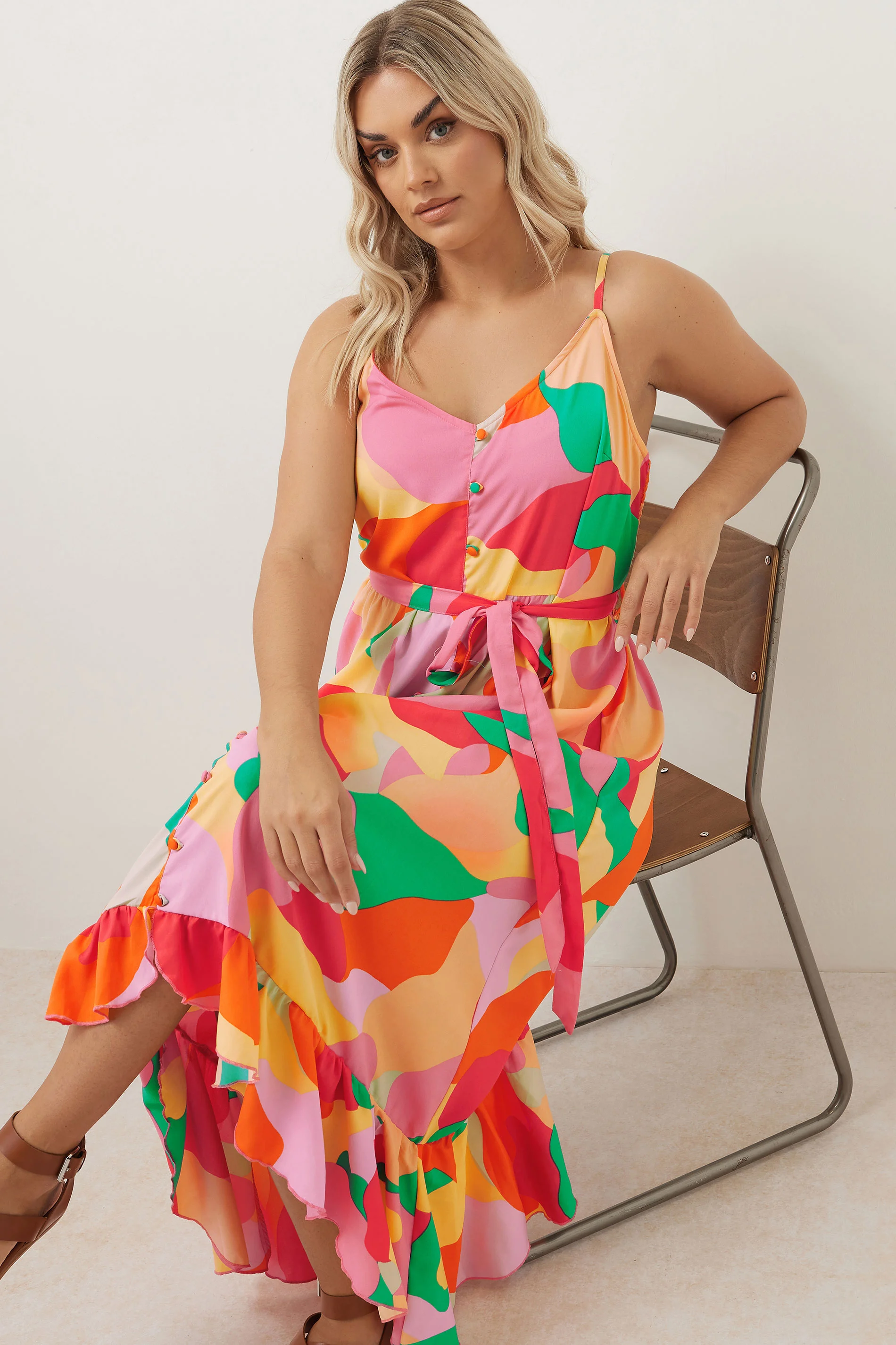 Yours YOURS Curve Pink Abstract Print Frill Hem Midi Dress