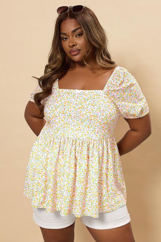 Yours YOURS Curve Orange Floral Broderie Anglaise Peplum Top