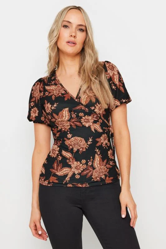 LTS LTS Tall Black Floral Print Wrap Top