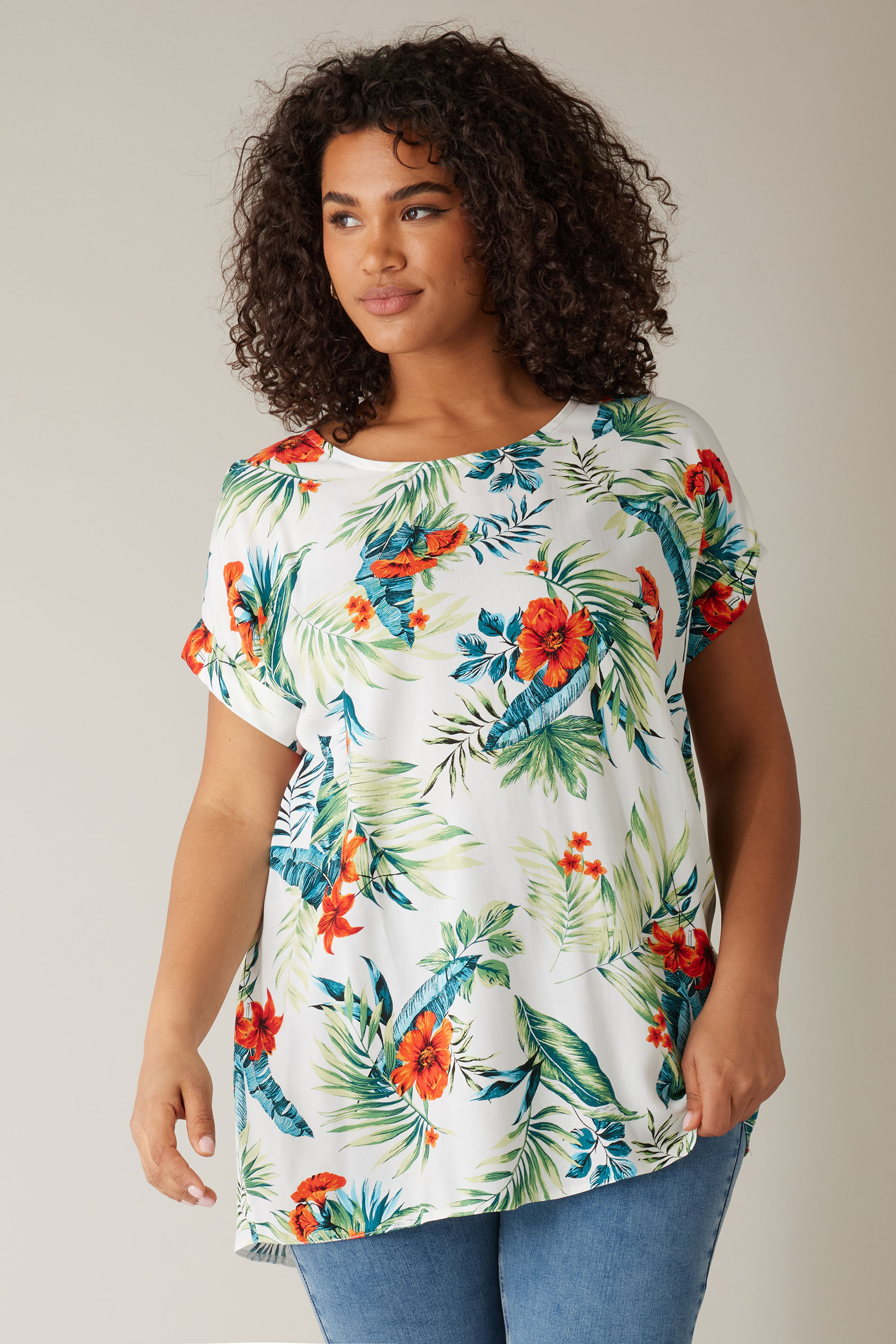 Evans EVANS Curve White Tropical Print Blouse