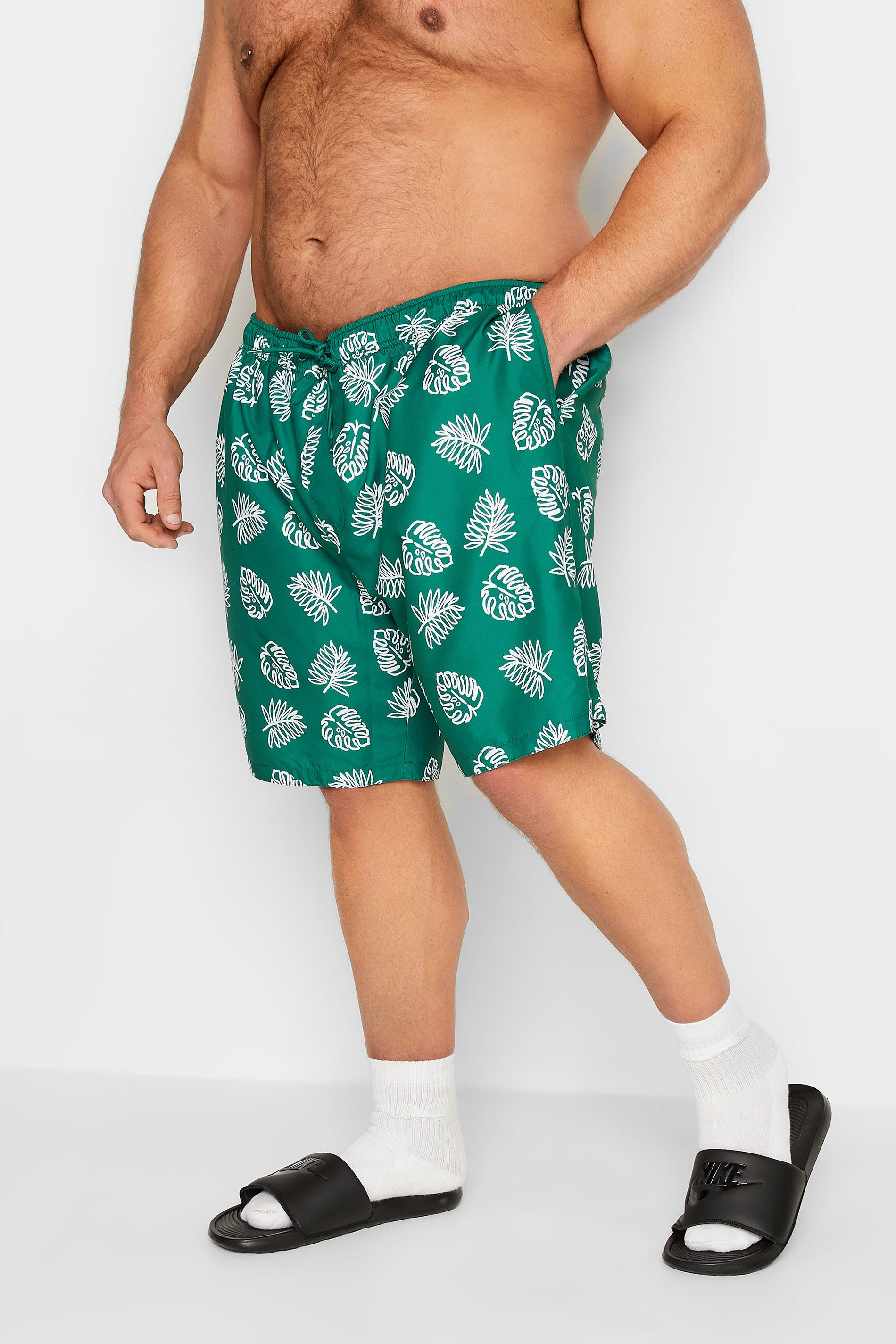 BadRhino BadRhino Big & Tall Dark Green Leaf Print Swim Shorts