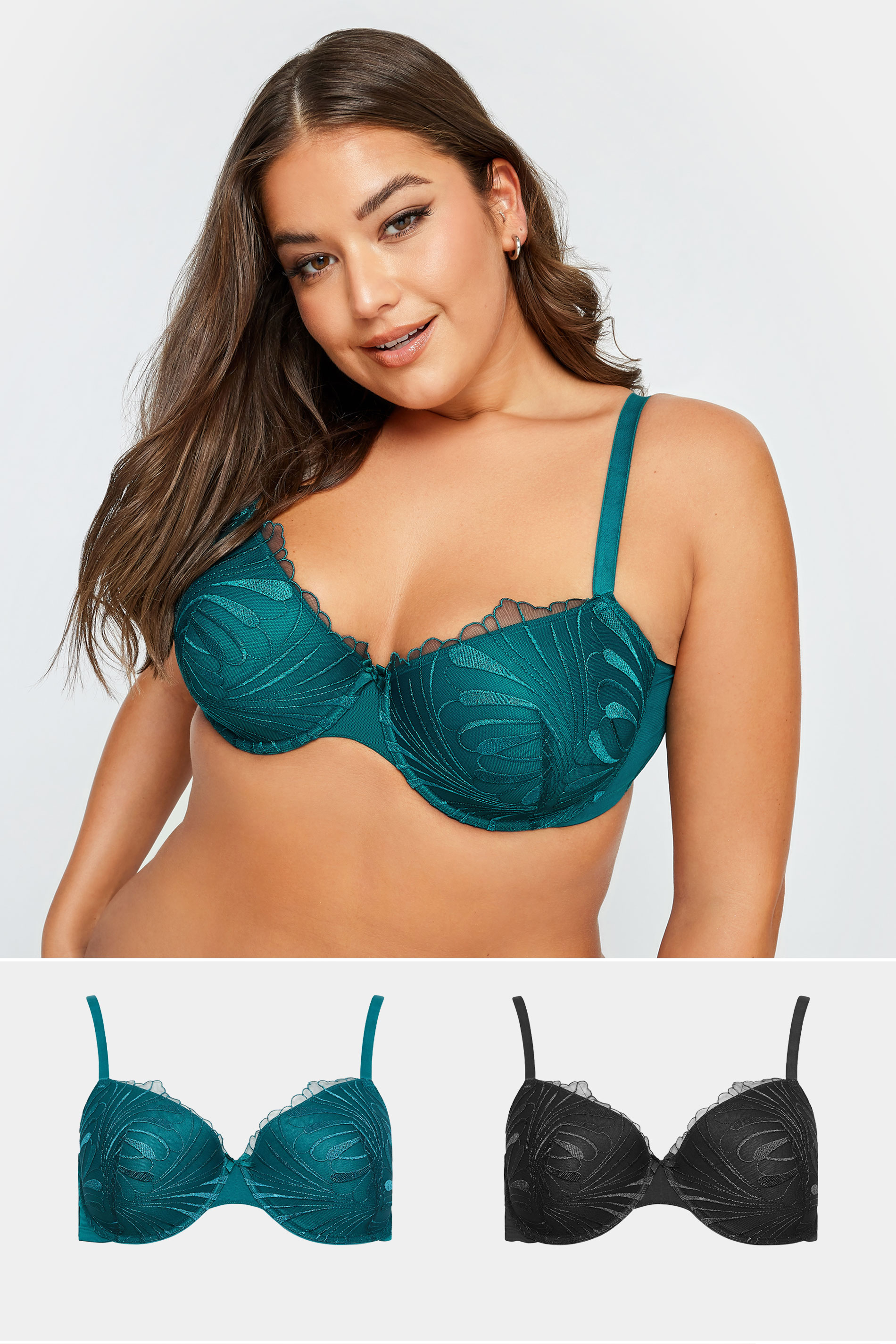 Yours YOURS 2 PACK Black & Green Leaf Embroidered T-Shirt Bras