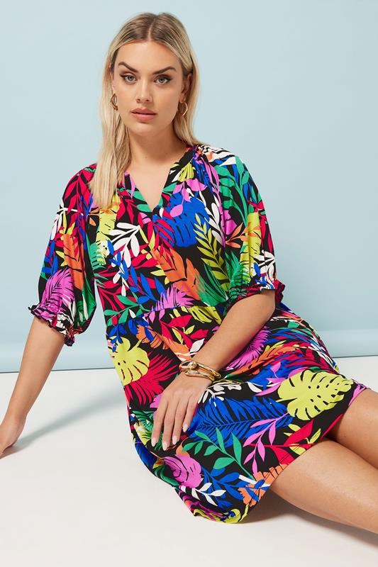 Yours YOURS Curve Black Tropical Print Notch Neck Mini Dress