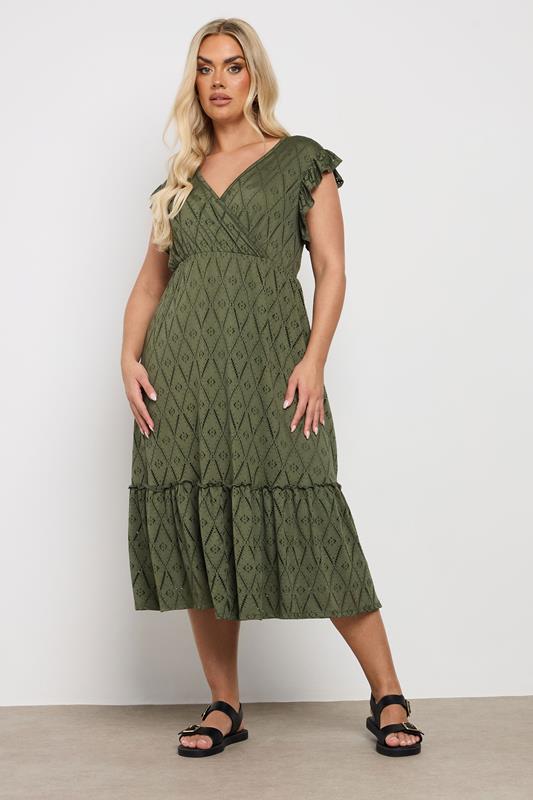 Yours YOURS Curve Khaki Green Broderie Anglaise Midaxi Dress