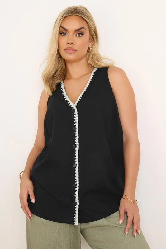 Yours YOURS Curve Black Blanket Stitch Linen Vest Top